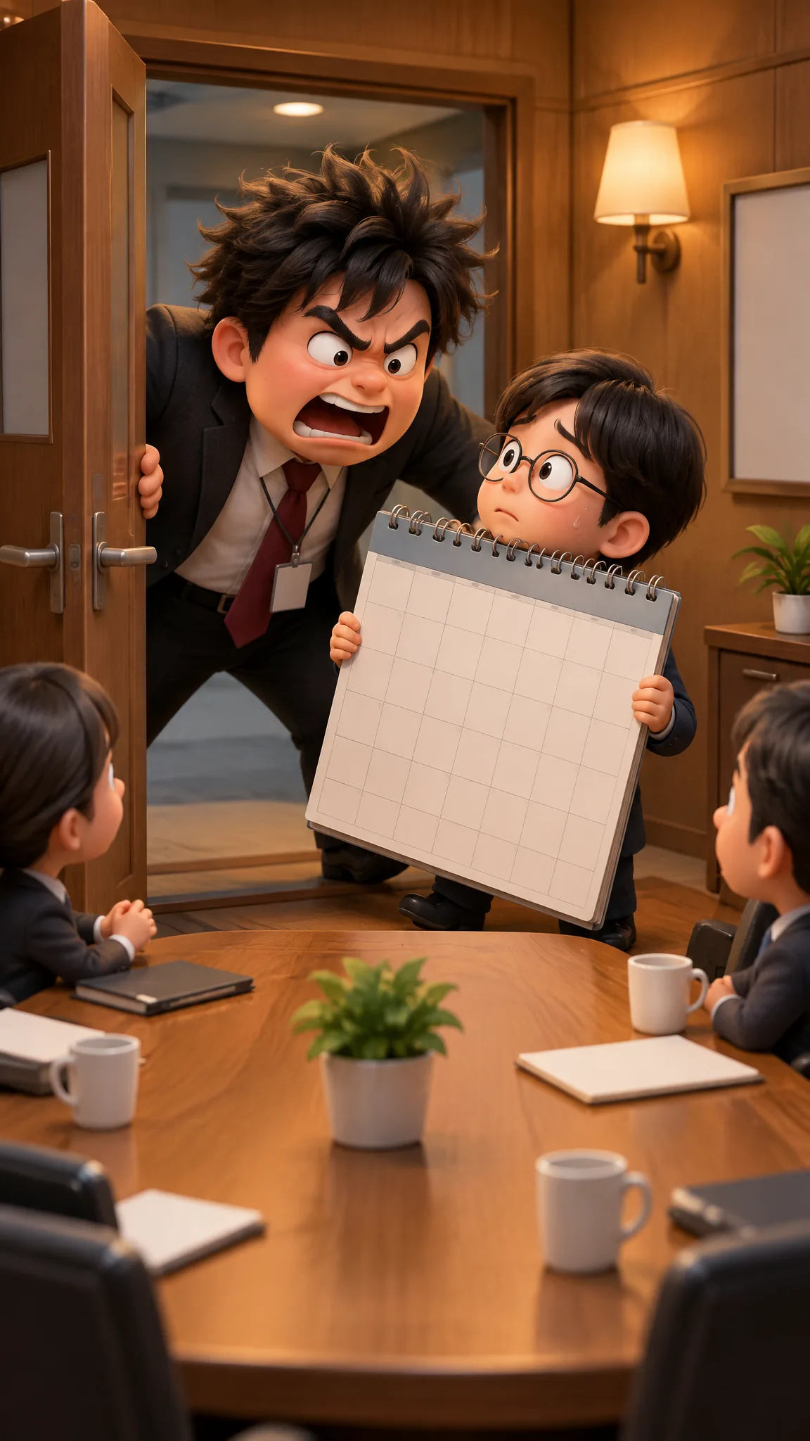 양육 일정 회의에 분노 팀장이 들어왔다 — 컨셉 시안 그림